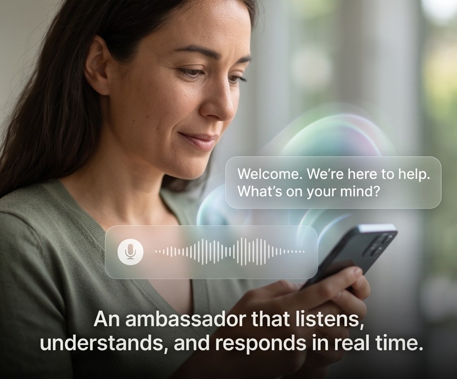 Framed Visitor Ambassador preview with AI woman voice engagement